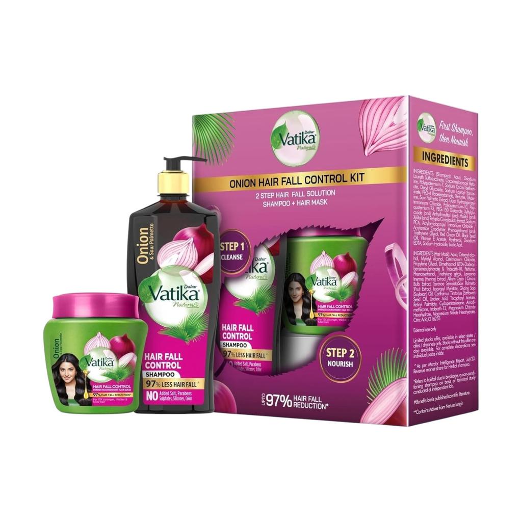 Dabur Vatika Hair Fall Control Kit With Onion Shampoo 640ml And Nourishing Mask 500g For Stronger Thicker Hair And Scalp Care
