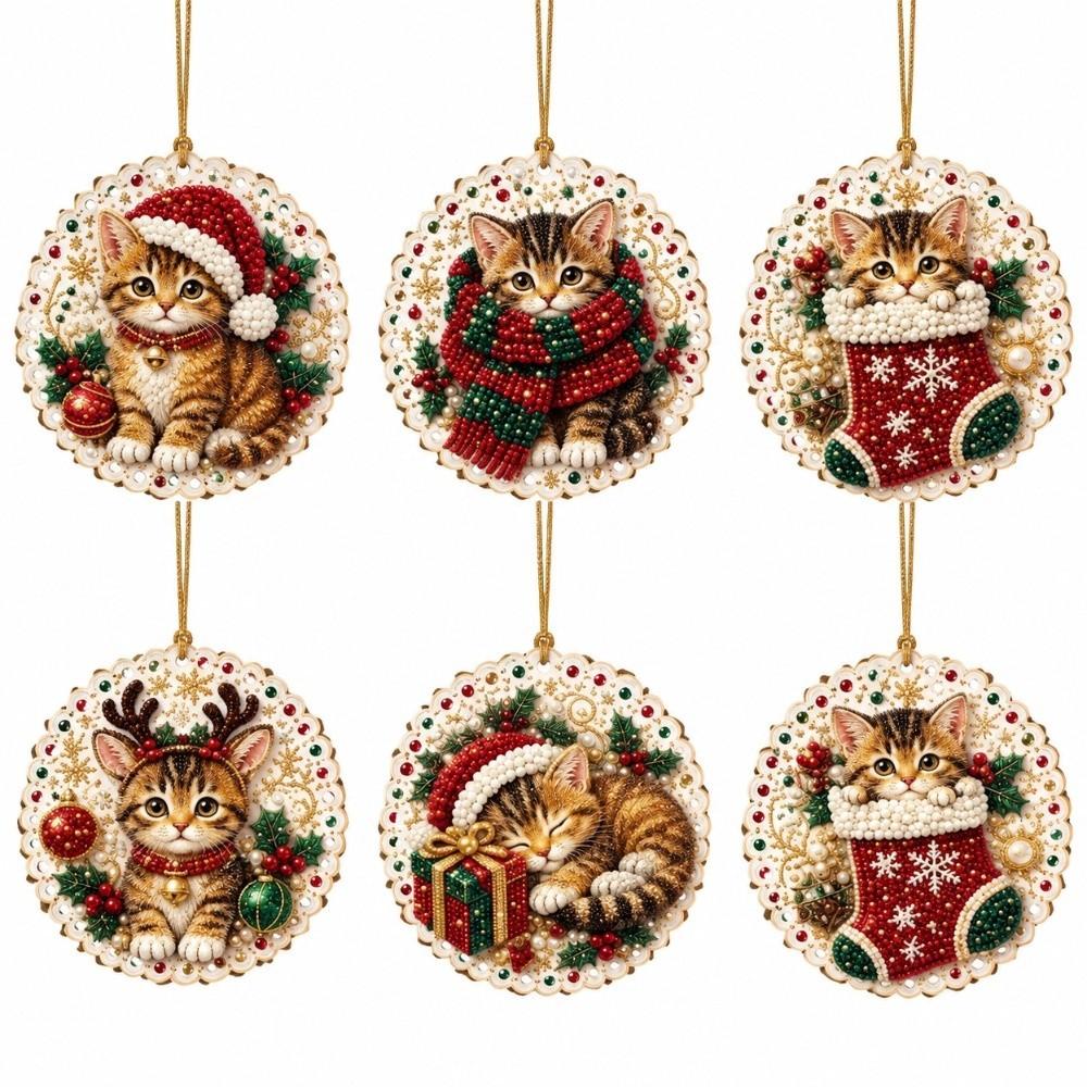 6pcs DIY Craft Pearl Diamond Painting Kit 2D Flat Wooden Tag Pendants New Year Gift