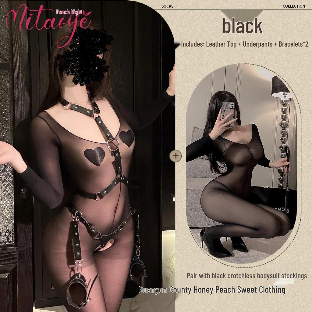 Three-Piece Sexy Leather Lingerie Set with Bracelet and Stockings - Dark Witch Theme