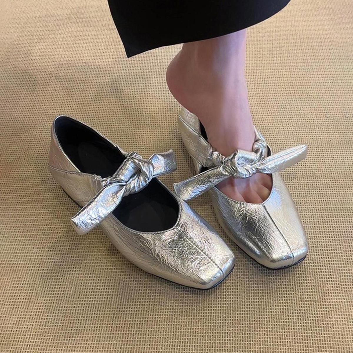 

Универсальные удобные туфли-лодочки из мягкой кожи для通勤, женские туфли Мэри Джейн на плоской подошве с квадратным носком и бантом 40 серебряный
