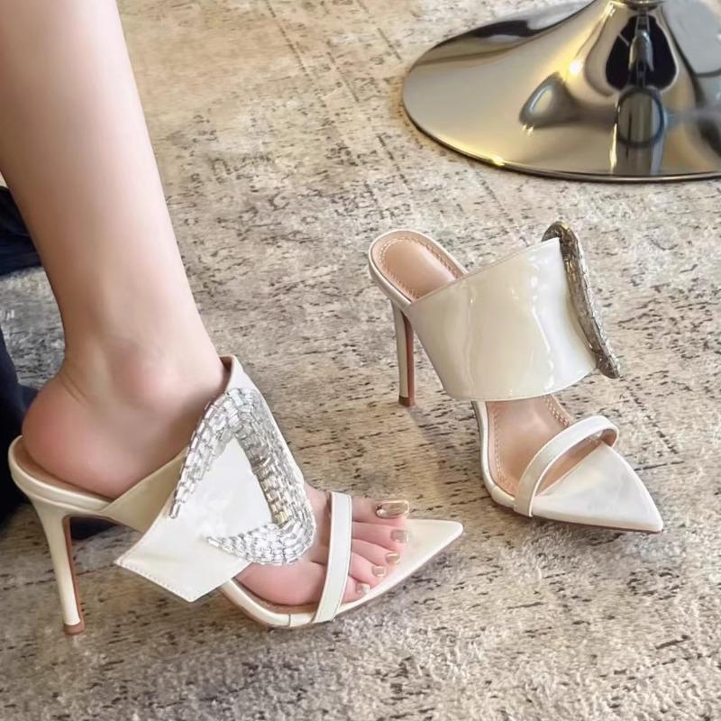 

Модные туфли-лодочки на высоком каблуке с хрустальной пряжкой высшего качества, летние, сексуальные, с острым носком, на тонком каблуке, сандалии-слайды, элегантные, с открытым носком, свадебные туфли для невесты 35