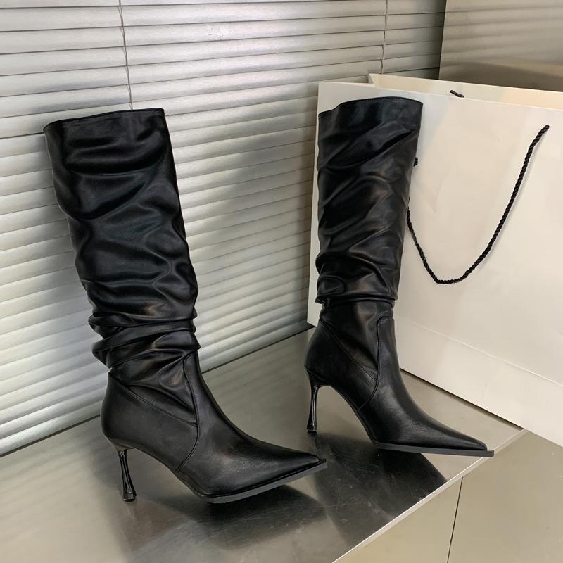 Long Boots 2026 Autumn and Winter Pointed Pile Boots Thin Heel Black Long Tube Boots Women's High Tube Boots Knight Boots