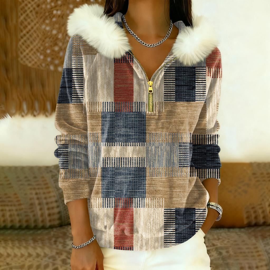 Women's Loose And Comfortable Casual Fashion Half-Zip Hooded Long Sleeve Conventional Printing Top