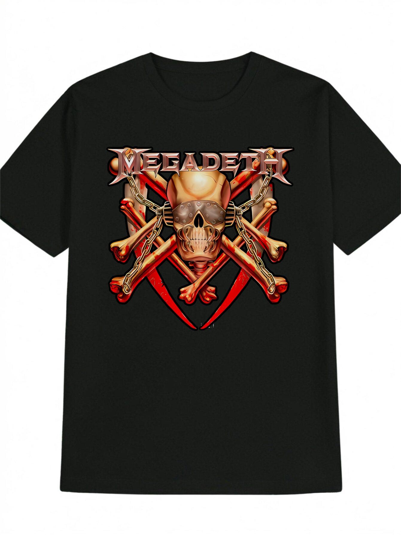 Black T-shirt with Megadeth Skull & Crossbones Graphic - Red & White Print S