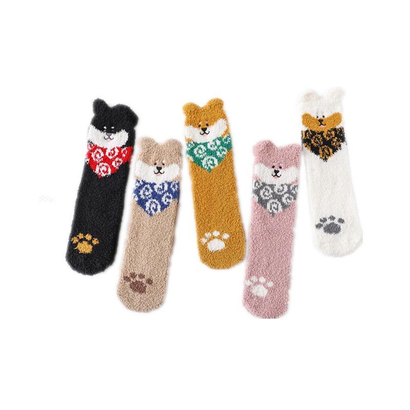 Three-dimensional Coral Fleece Socks Exquisitely Embroidered Puppy Cartoon Retro Winter Warm Home Cotton Socks