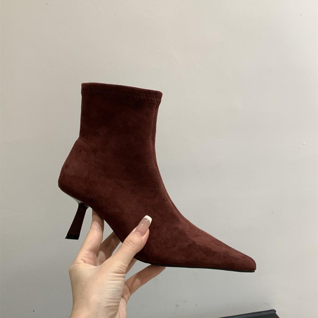 Khaki Suede High-heeled Thin Boots Women's Shoes 2025 Spring and Autumn Single Boots with Skirt Pointed French Short Boots