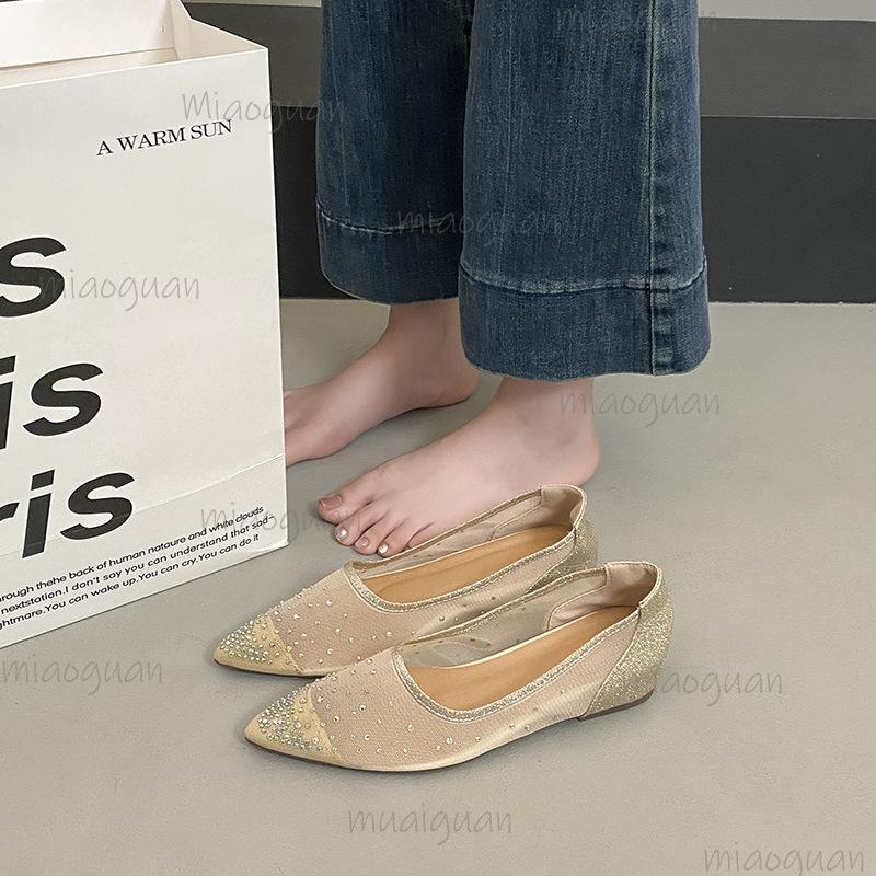Fashion French Low Heel Pumps For Women Slip On Pointed Toe Wedge Sandals Breathable Mesh Crystal Soft Sole Shoes Comfortable Loafers