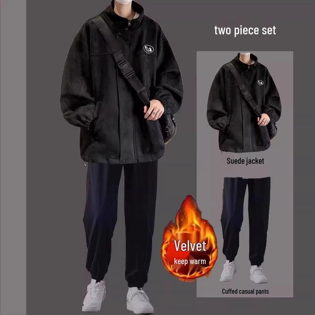 Men's Trendy Three-Piece Set: Autumn/Winter Suede Jacket, Cotton Coat, Casual Student Outfit