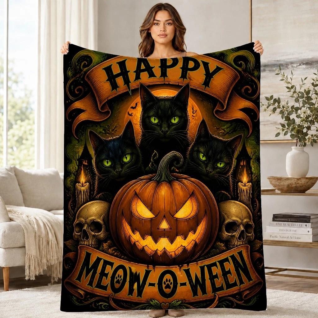 Meow O Ween Black Cats Coral Fleece Blanket Halloween Pumpkin Decor