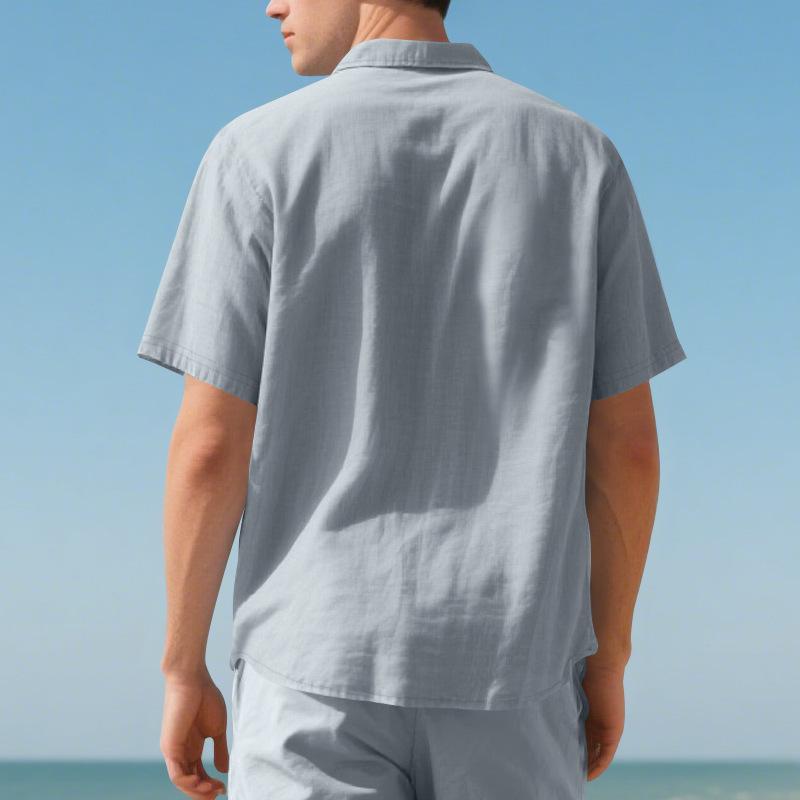 Summer Men's Lapel Shirt Woven Solid Color Simple Loose Casual Short-sleeved Shirt