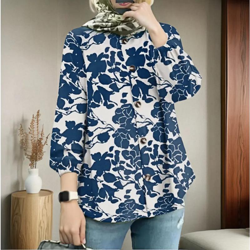 

YYFS женские модные повседневные весенне-осенние блузки и рубашки с круглым вырезом и длинными рукавами с цветочным узором и принтом XXXXL синий