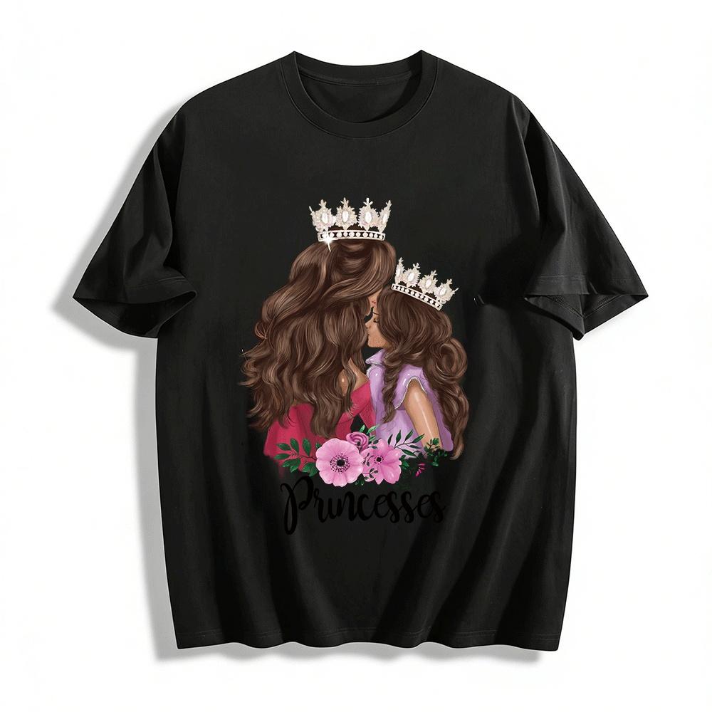 

Mother Daughter Princess Print Tops Crown Flower Adult Kids Tees Pure cotton T-shirt XXS
