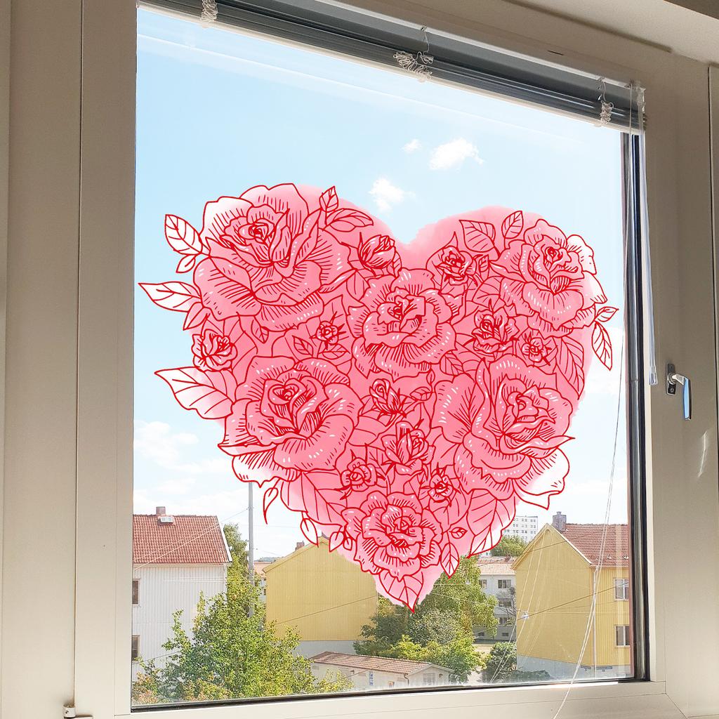 Valentine Day Pink Flower Heart Static Cling Window Sticker for Home Decor Bedroom Living Room Study Festival Decoration