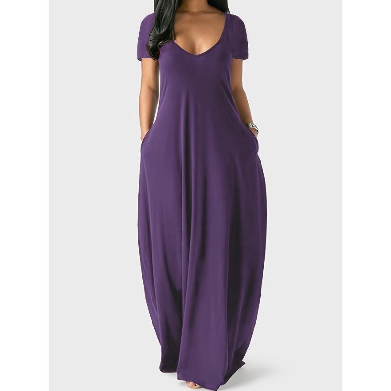 Solid Simple Dress, Casual Short Sleeve Maxi Dress With Pockets, Women's Clothing