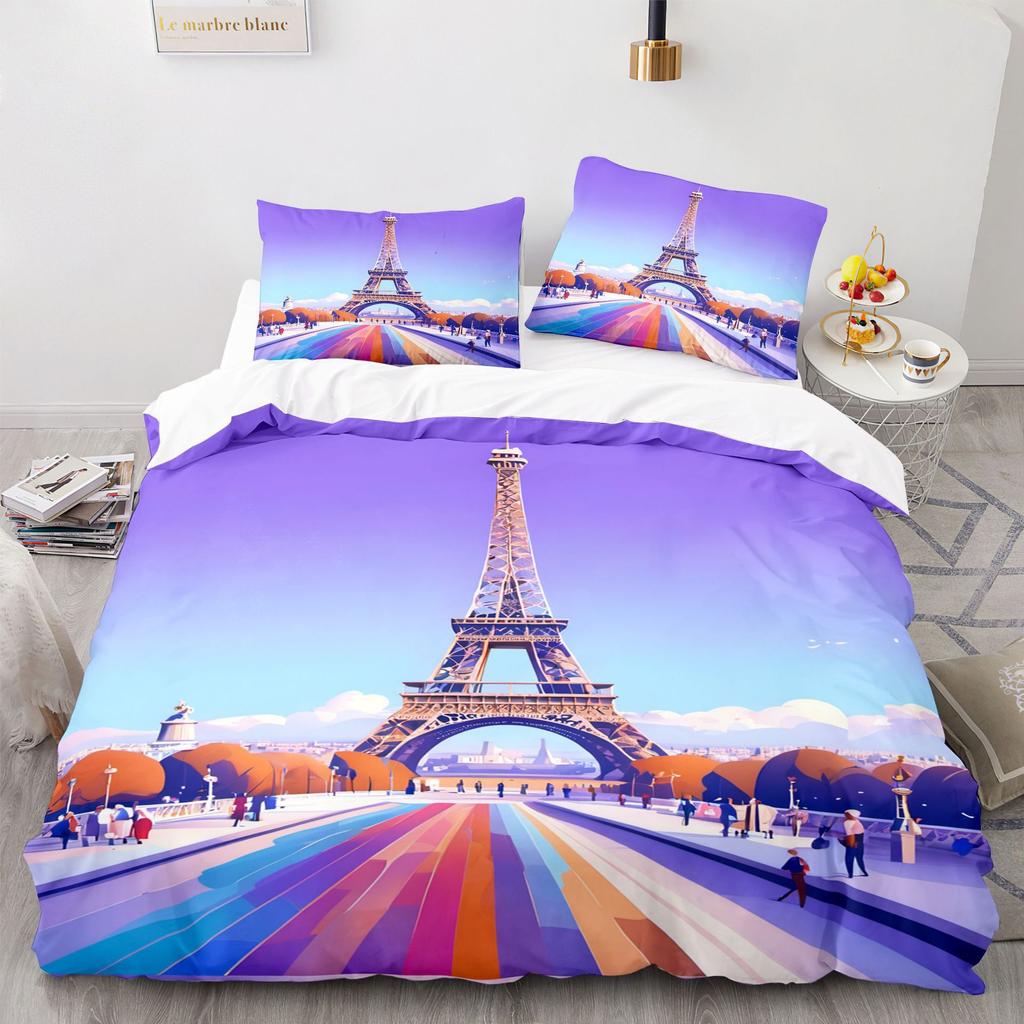 Paris Tower Pattern Duvet Cover, Cartoon City Architecture Bedding Set,Tower Quilt Cover for Kids Adults Bedroom Decoration