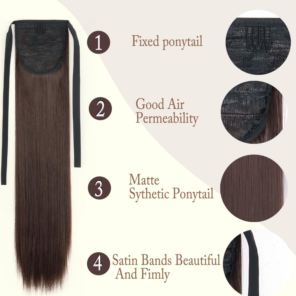 MERISIHAIR Coda di Cavallo Sintetica Lunga Liscia con Coulisse Clip In 22/32 Pollici Extension Capelli Nero Castano per Donne