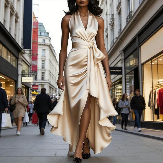 Damen Rüschen Satin High Low Ballkleid Ärmellos V-Ausschnitt Neckholder Bindegürtel Midi Kleid Hochzeitsgast Party Cocktailkleid