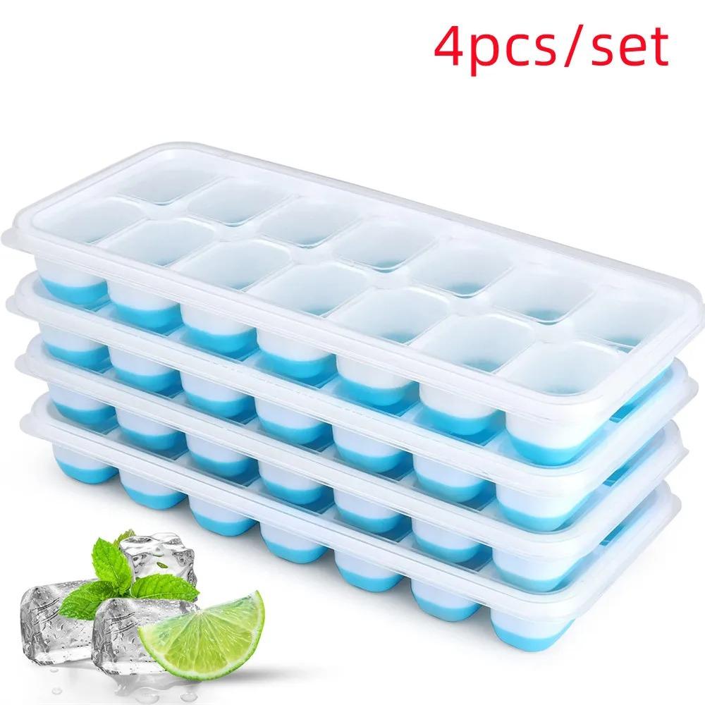 14 Grid 4Pcs/Set CubeTray Stackable Silicone Ice Mold with Removable Lid Easy-Release For Cocktail Freezer Kitchen Tools