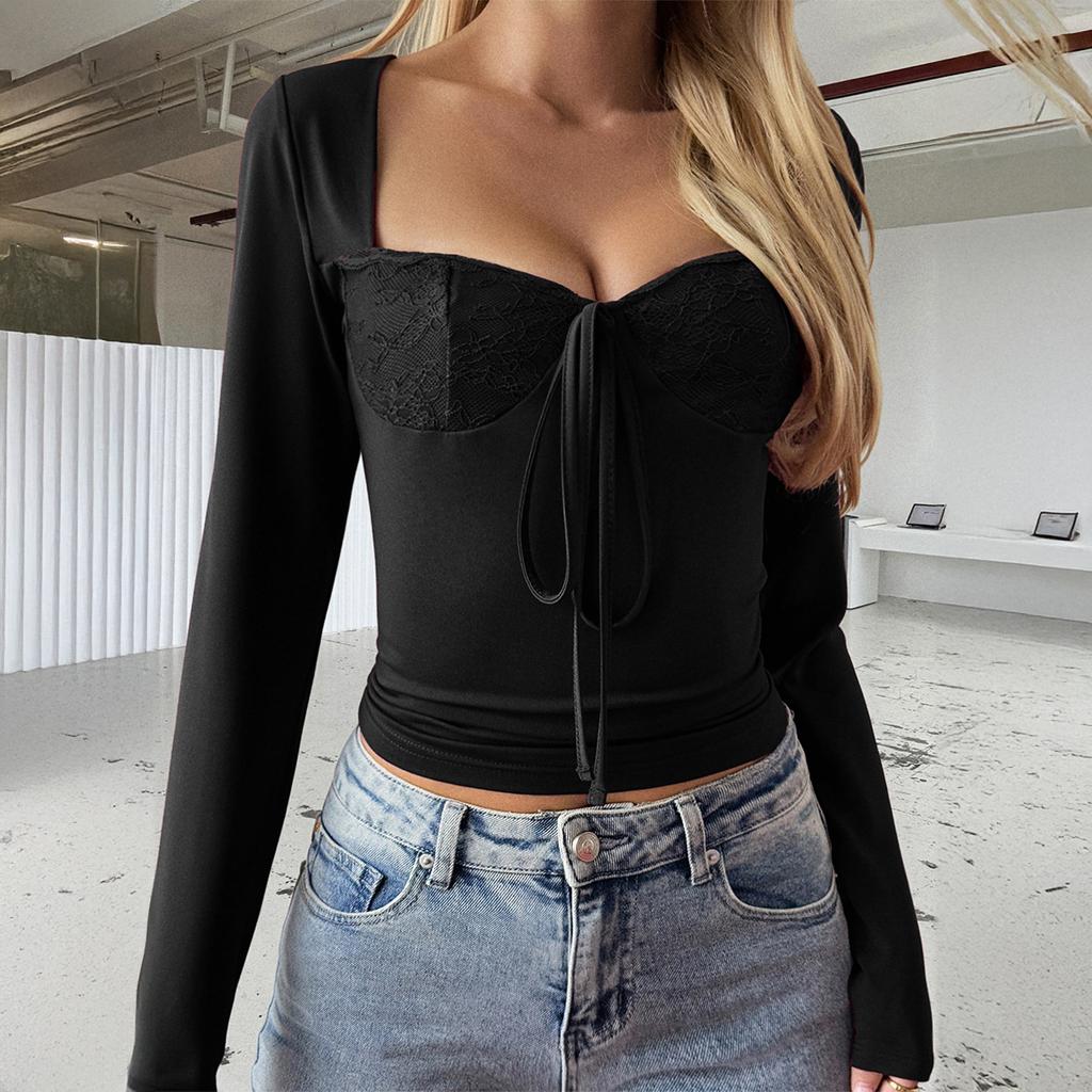 Y2K Spitze Langarm Unterhemd T-Shirt Damen 2025 Herbst und Winter