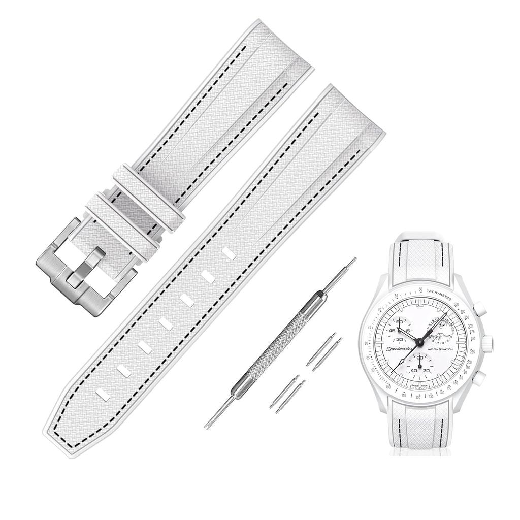 Jumpsunfun 20mm Watch Band for Omega and Silicone Strap with Quick Release and Replacement White with Black Stitching X, Swatch, Speedmaster,
