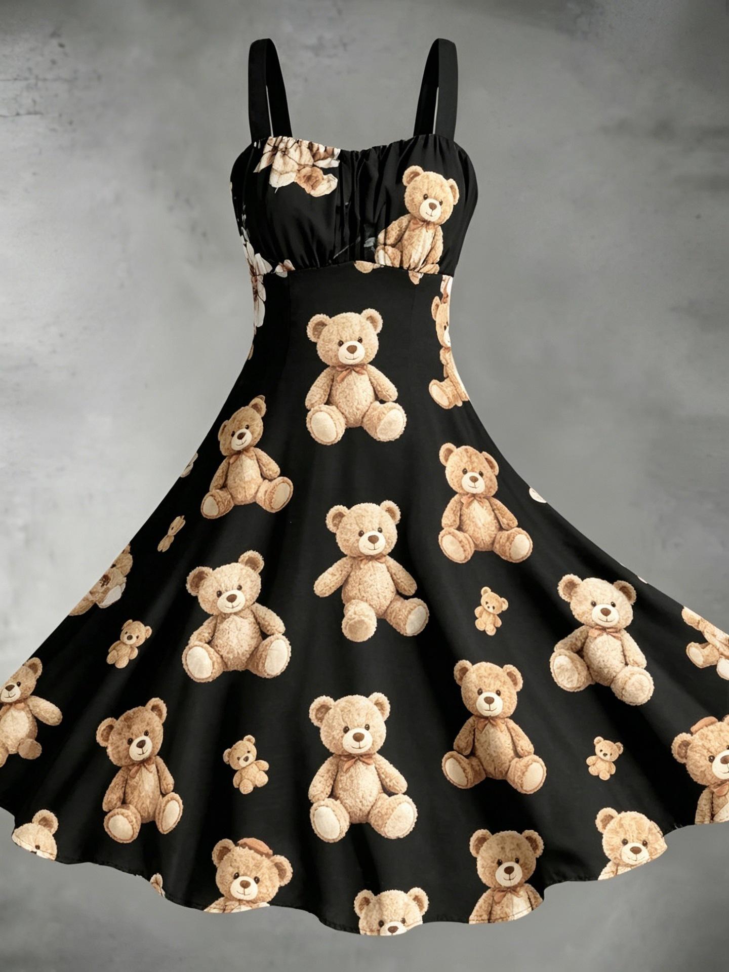 Cartoon bear print suspender dress women s retro waist pendulum medium and long dress S