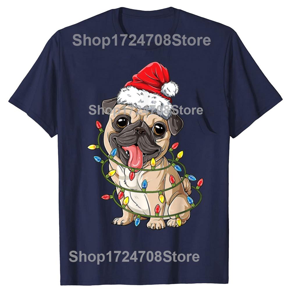 Christmas Pug With Christmas Lights Santa Hat Xmas Pug Dog T Shirt Mens Cotton Oversized Printing T Shirts Harajuku Tshirt