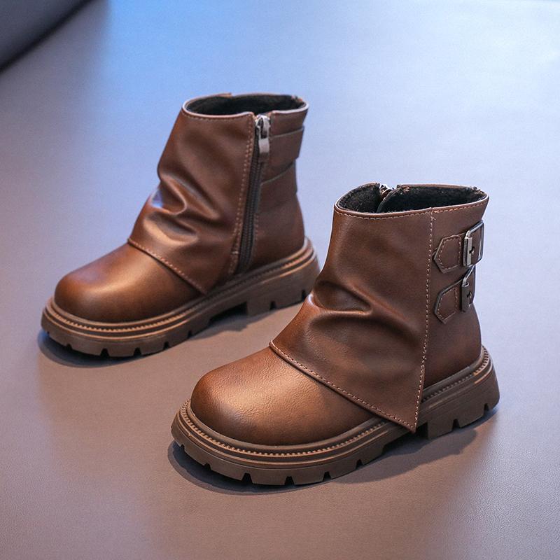 Children New Leather Boots Solid Color Girls Boots for Winter Thick Bottom Plush Fashion Patchwork Versatile Kids Cotton Boots