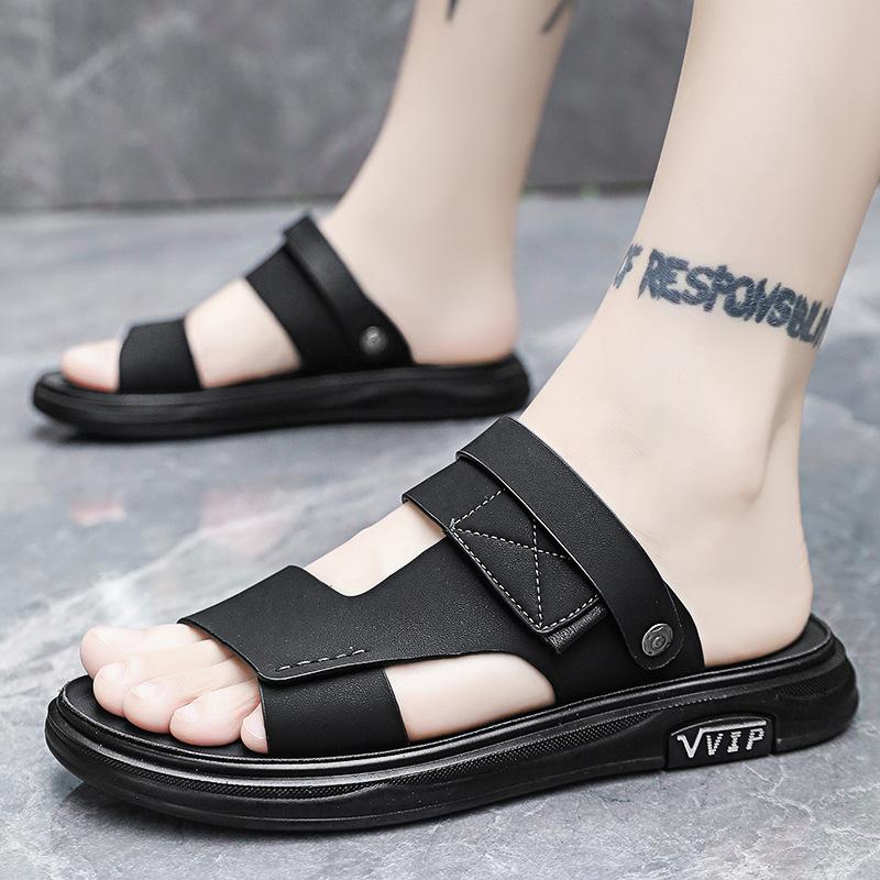 High-end Leather Sandals, Men's Outer Wear, Summer New Fashion, One Shoe or Two, Wear Thick-soled, One-word Cool Slippers
