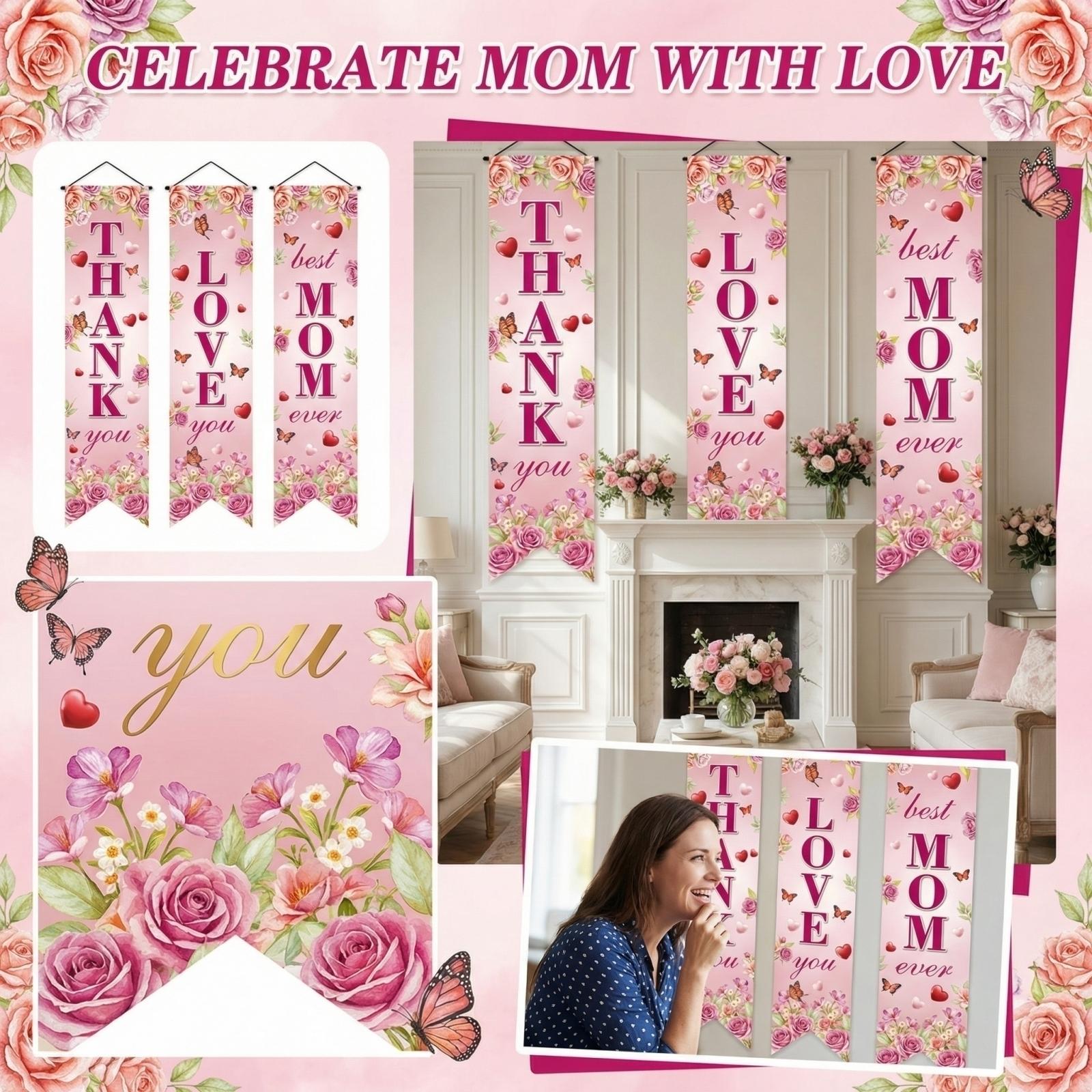 

Набор флагов ко Дню матери 3 шт. - Декоративные флаги для атмосферы вечеринки ко Дню матери - Декоративные флаги для семейного собрания День матери One Size