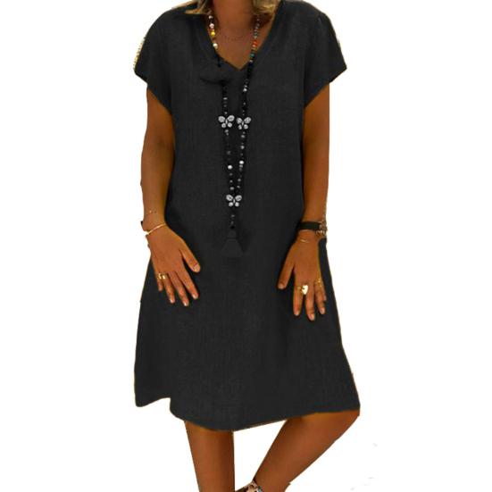 Women Casual Solid Color V Neck Short Sleeve Beach Knee-length Loose Dress
