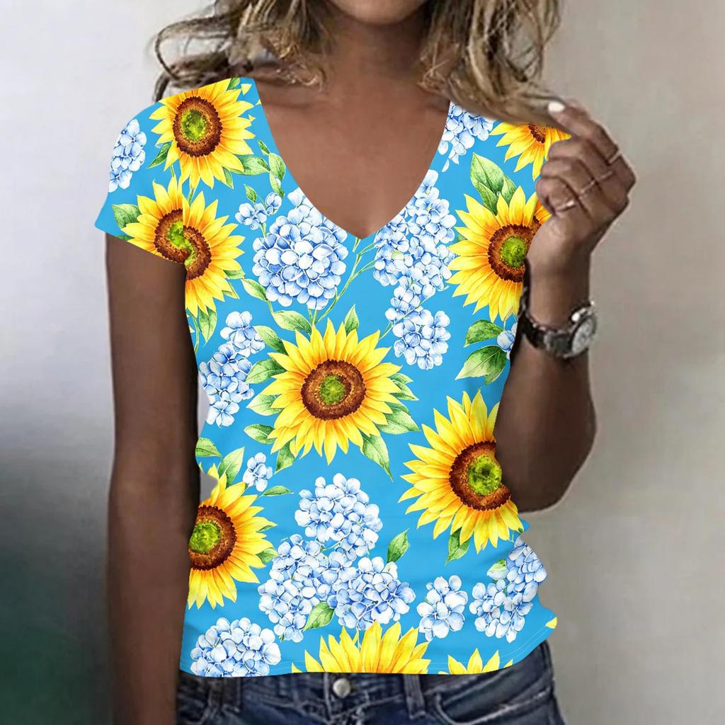 Women V Neck Short Sleeve Floral Print T Shirt Casual Loose Fit Lightweight Comfortable Top for Daily Wear