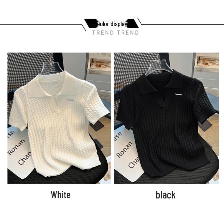 Women's Slim Fit Knitted T-Shirt with Turn-Down Collar – 2025 Summer Fashion