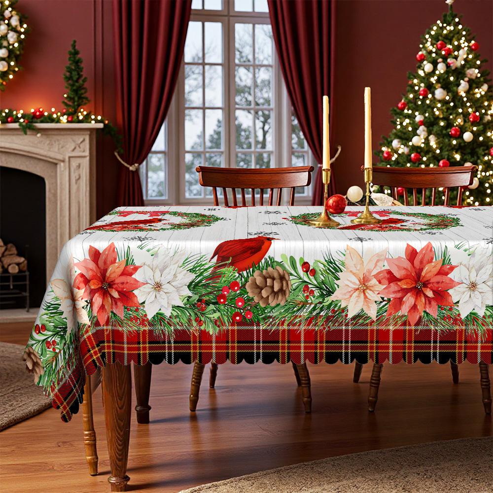 Christmas Rectangle/Round Tablecloth, Country Cardinal Wreath Waterproof Tablecloth, Warm Winter Festival Table Decorative Cloth