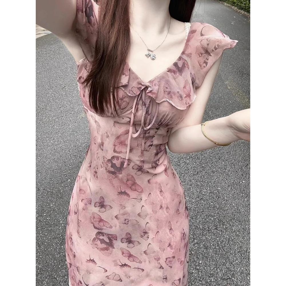 Pure Desire Long Butterfly Print Lotus Leaf Edge Thin Dress Women's 2026 Summer New Waist Temperament Skirt Women