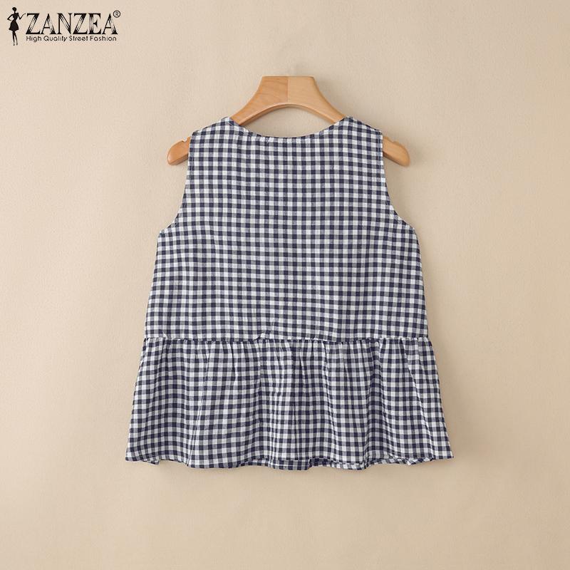 ZANZEA Women Summer Round Neck Casual Sleeveless Plaid Tank Tops