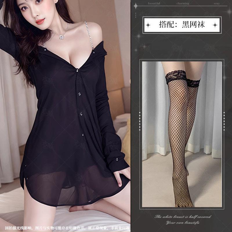 Sex underwear set sexy sweet wind chiffon white shirt uniform temptation nightdress perspective off the shoulder