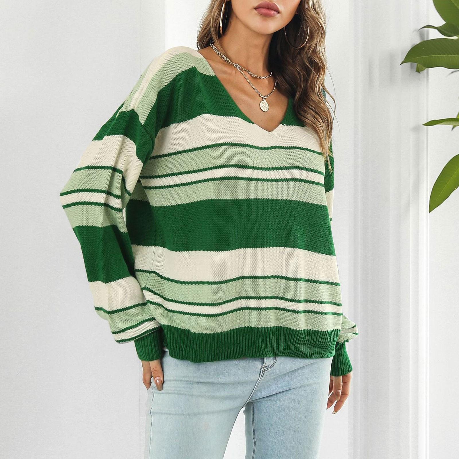 

Женский модный повседневный свободный полосатый свитер с V-образным вырезом и длинными рукавами L