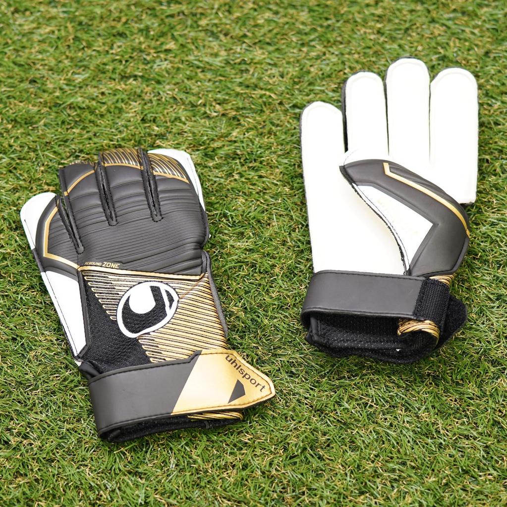 uhlsport Practice Soccer GK Keeper Gloves Powerline Elite Starter Soft 1011312 02 5 Black x Gold x White