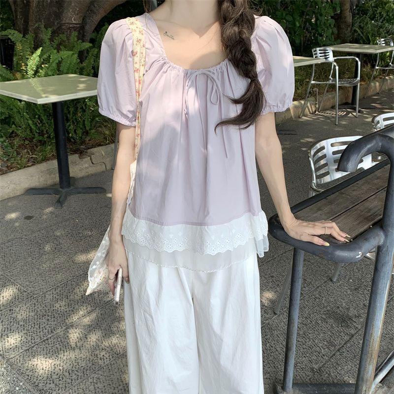 Sweet Puff Sleeve Loose Blouse Female Clothing Fashion Lace Spliced Summer French Style Square Collar Drawstring Casual Shirts