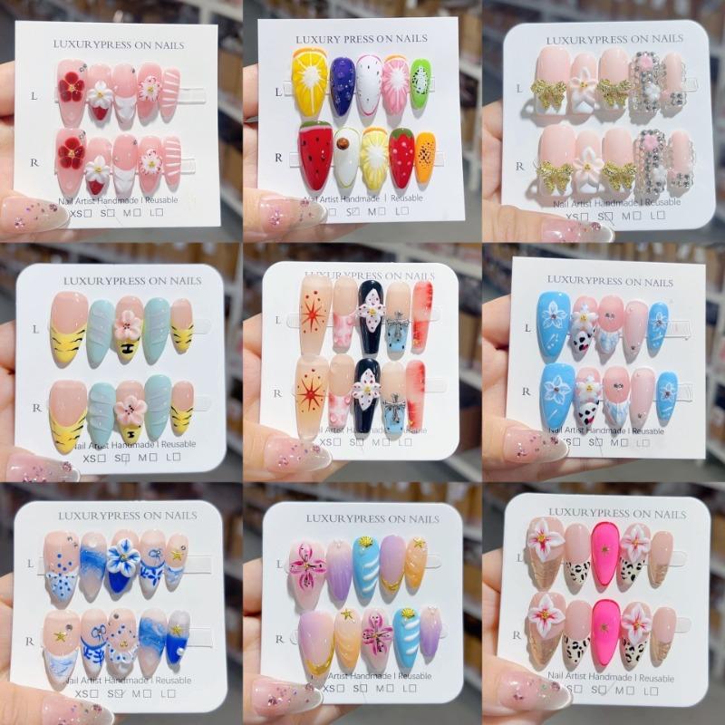 Handmade Armor European and American Wind Ice Through Shell Three-dimensional Carved Cat's Eye Almond Nail Removable Manicure