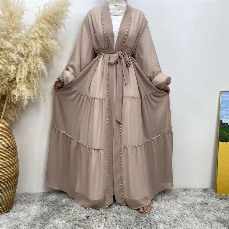 

Middle East Solid Beads Lace-up Chiffon Cardigan Dress Pin Bead Lace up Chiffon Dress Apricot color 2XL