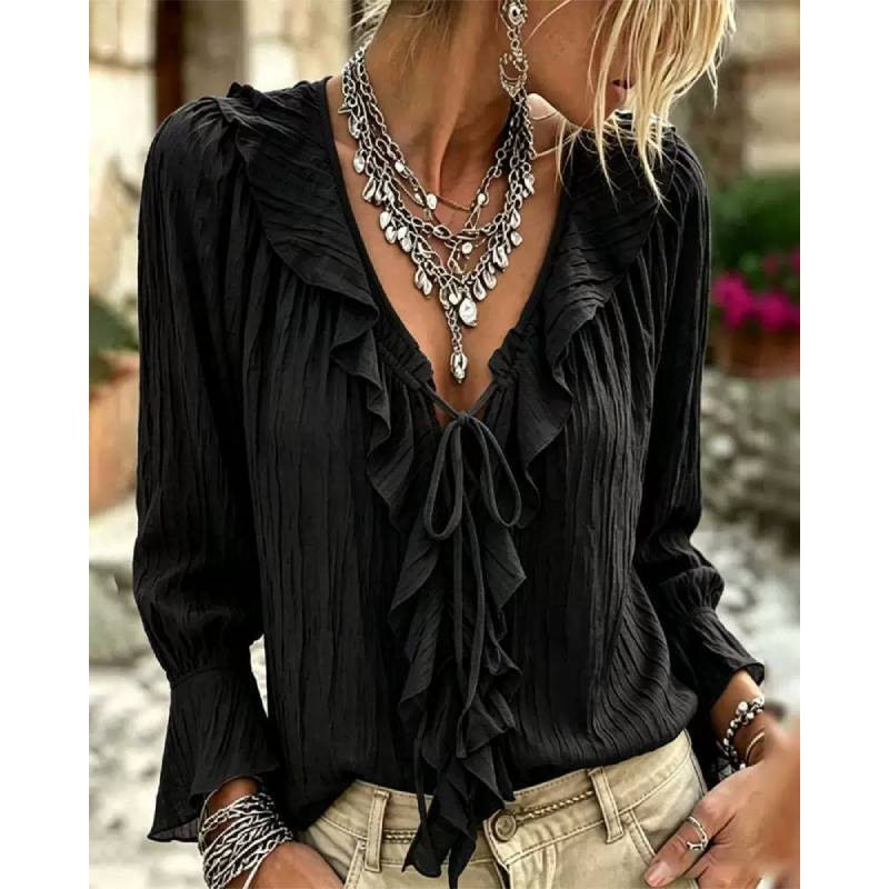 Polyester Blouse With Ruffle Hem And Long Sleeves For Office Wear