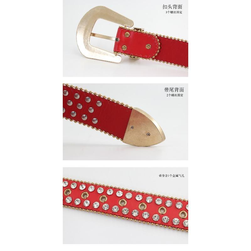 Meimeier Women's rhinestone embellished pin buckle three-piece set: denim belt, luxury red fashion wide waist belt