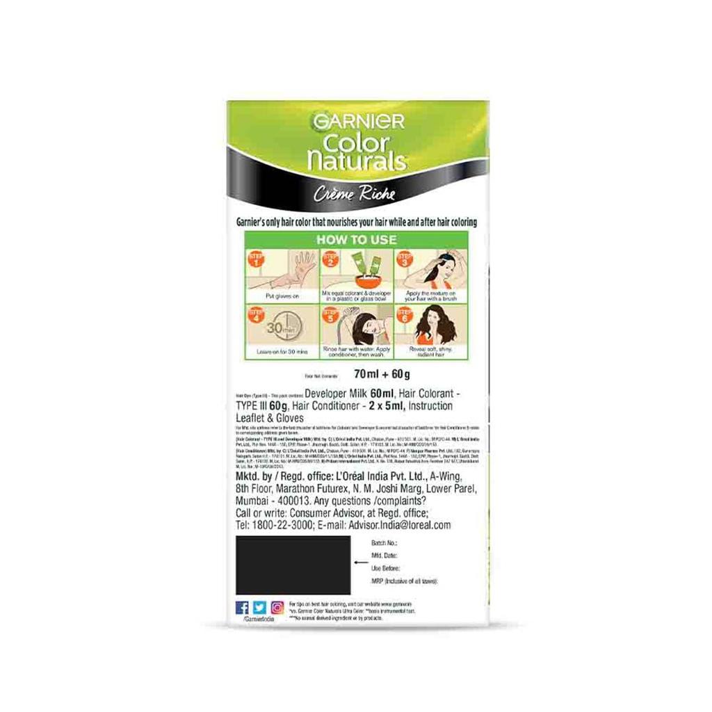 Garnier Color Naturals Crème Hair Color, Shade 1 Natural Black, 70ml + 60g