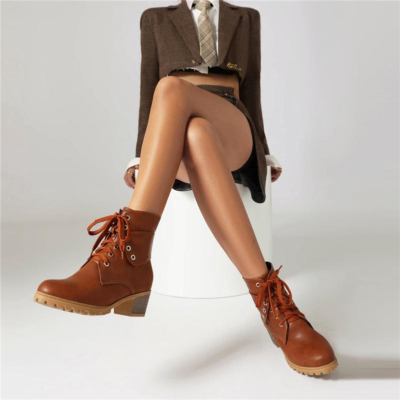 FOREADA Women Ankle Short Boots Round Toe Thick Mid Heels Lace-up Combat Boots Ladies Fashion Shoes Winter Black Blue Camel 43