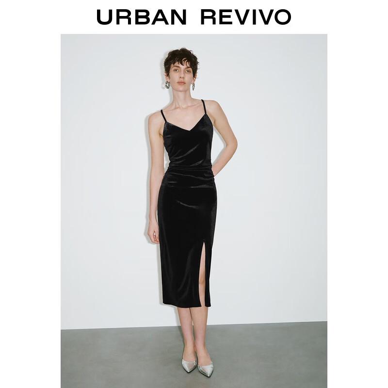 

UR 2025 Autumn Elegant V-neck Pleated Slit Strap Dress M