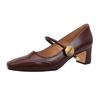 French High Heels Thick Heels Are Not Tired of Feet with Mary Jane Shoes Spring and Autumn Burgundy Square Head Splicing Light Mouth Single Shoes