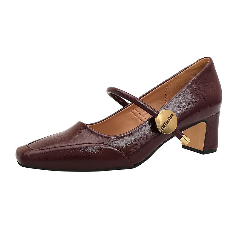 French High Heels Thick Heels Are Not Tired of Feet with Mary Jane Shoes Spring and Autumn Burgundy Square Head Splicing Light Mouth Single Shoes