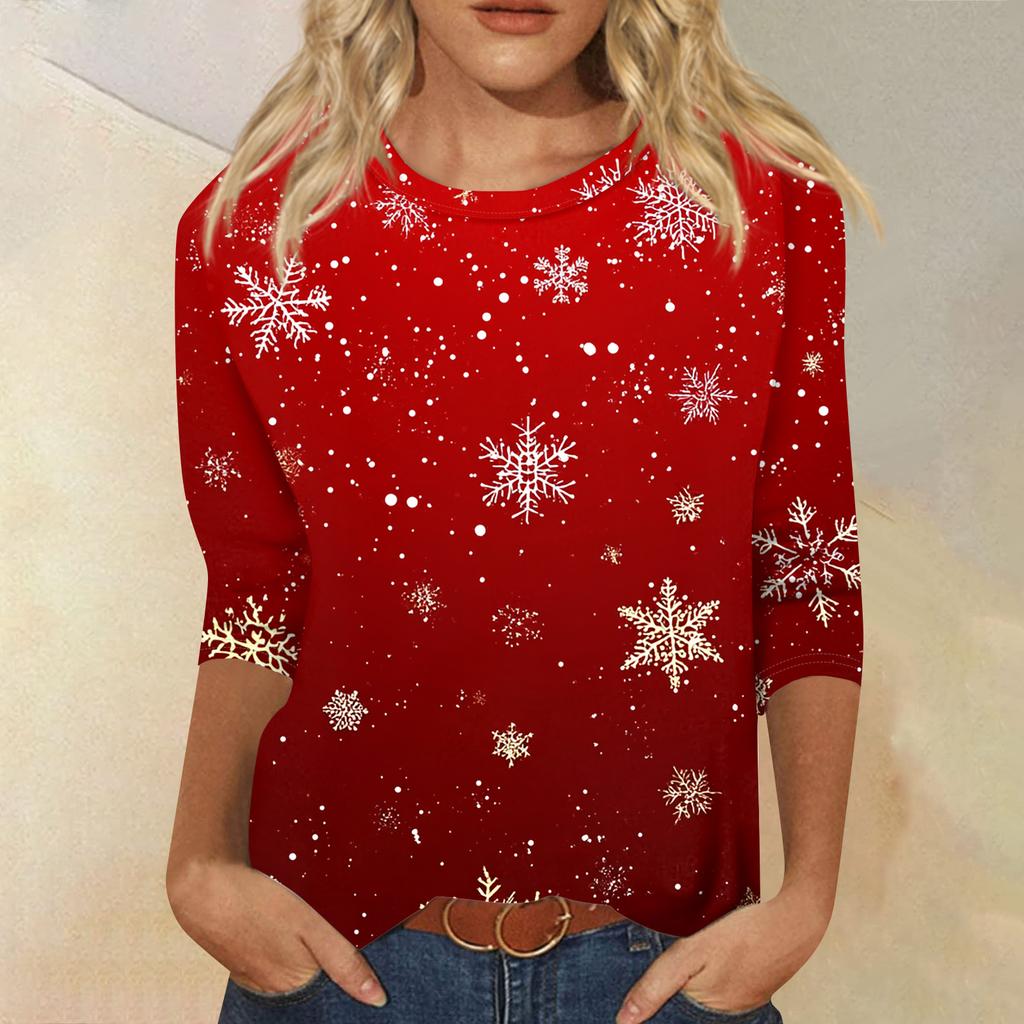Women's Fashion Casual Christmas Tree Printed Round Neck Three-Quarter Sleeve T-Shirt Top