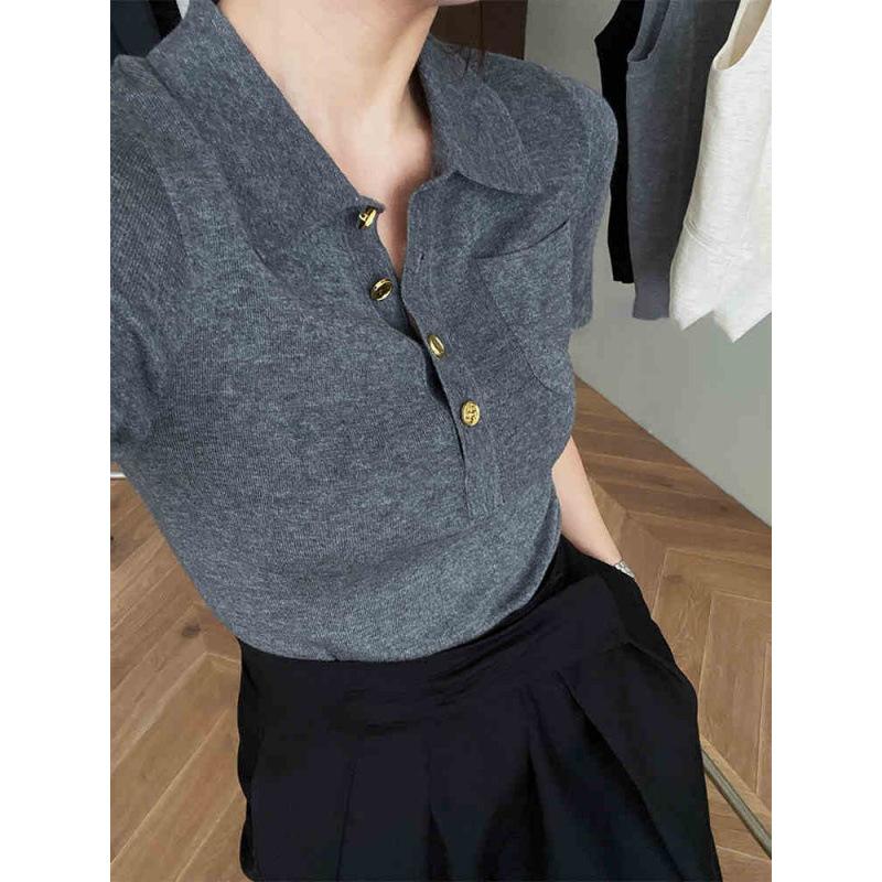 

Женский новый летний тонкий трикотажный свитер с коротким рукавом и отложным воротником, прилегающий к фигуре, с темпераментным верхом на плечах one size fits all серый